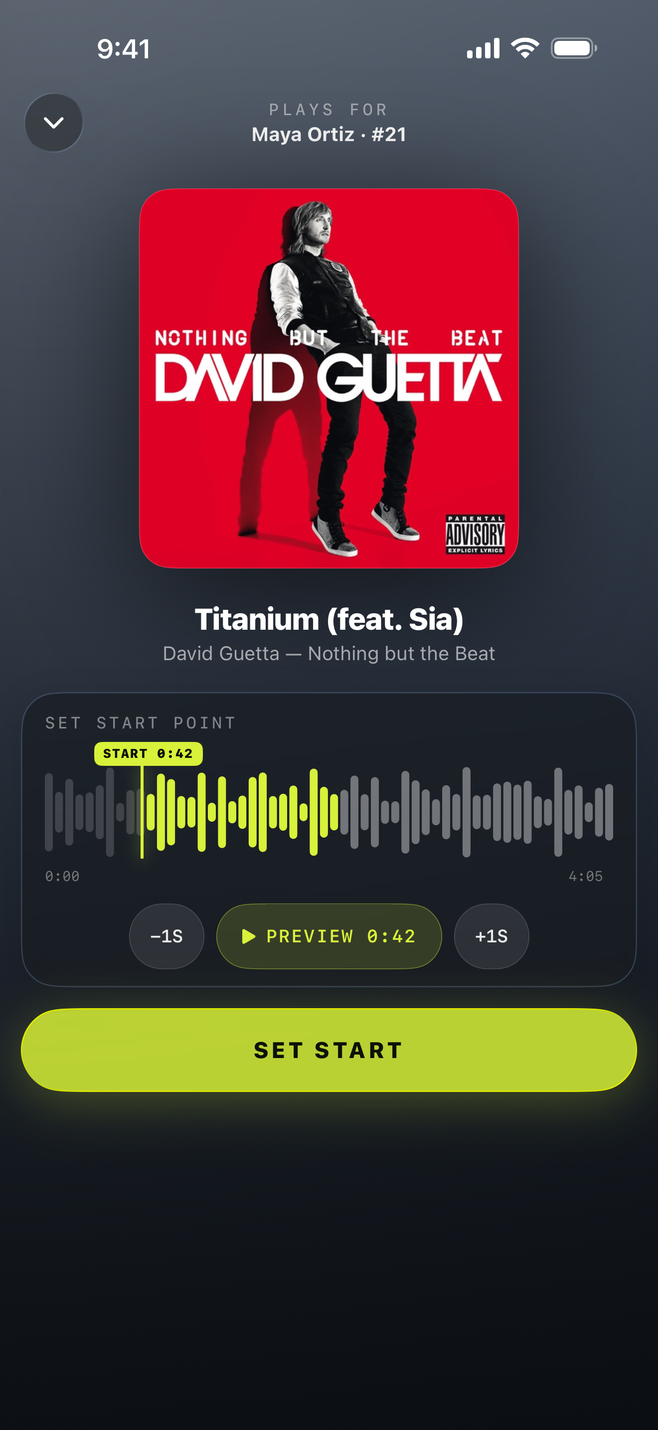 The start-point editor over blurred album artwork