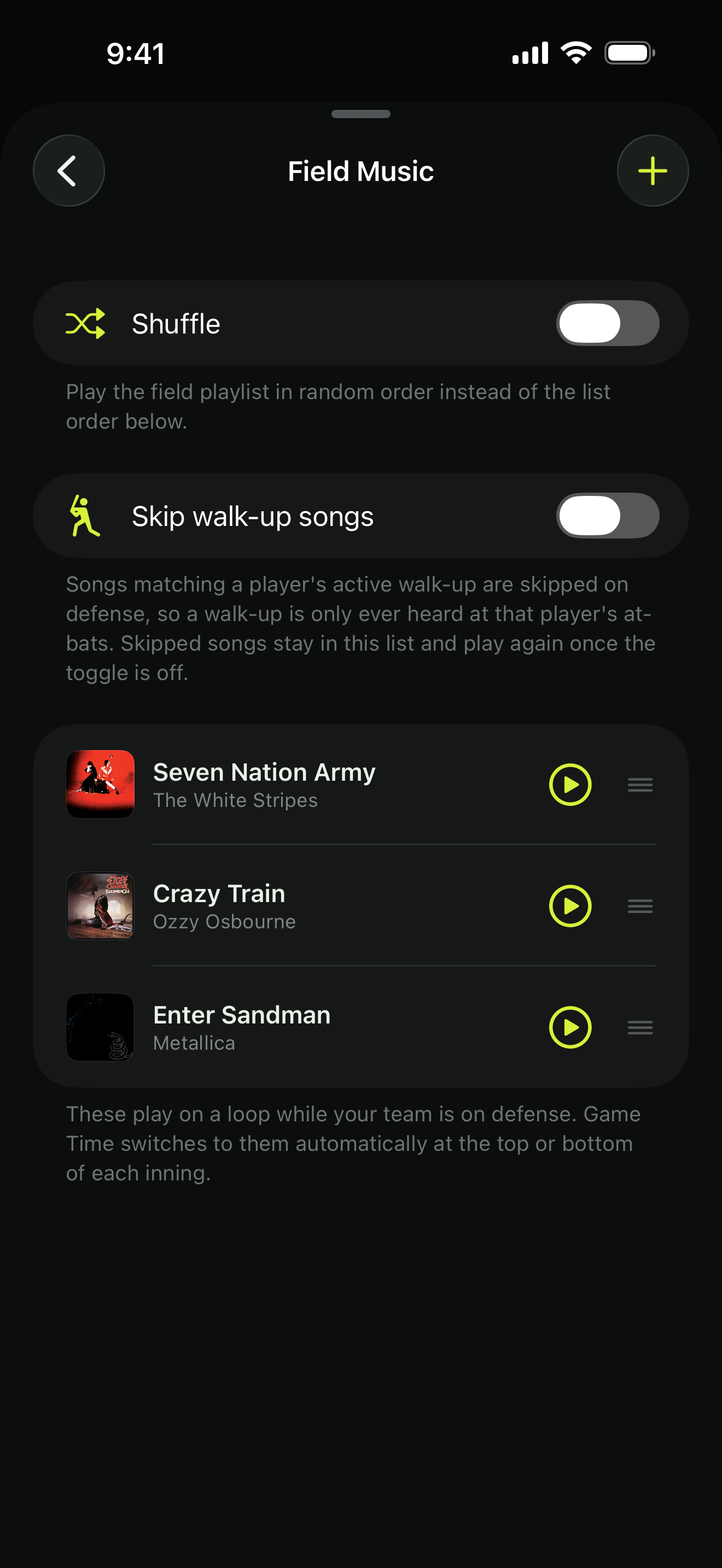 The Field Music playlist screen listing the team's defense songs