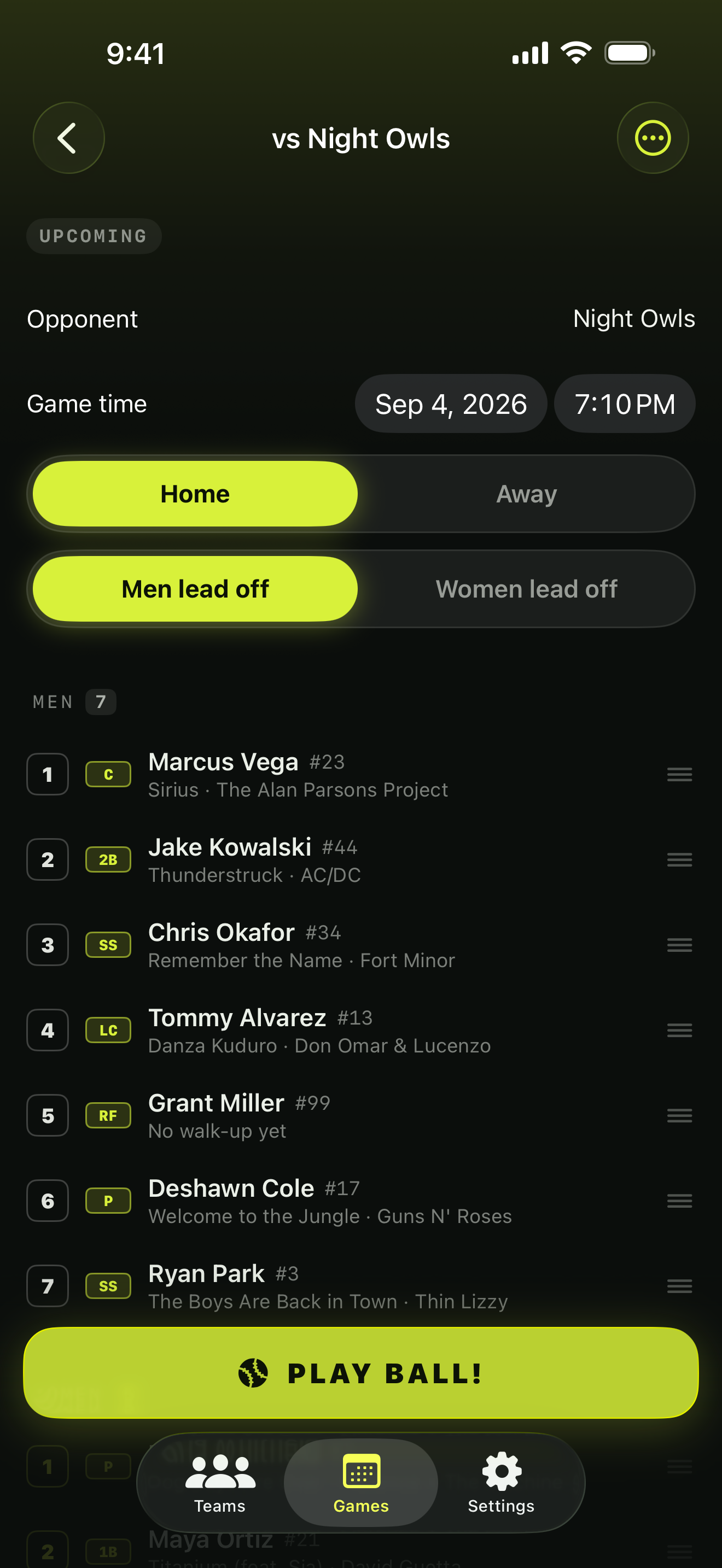 A game's lineup editor with check-ins and drag handles