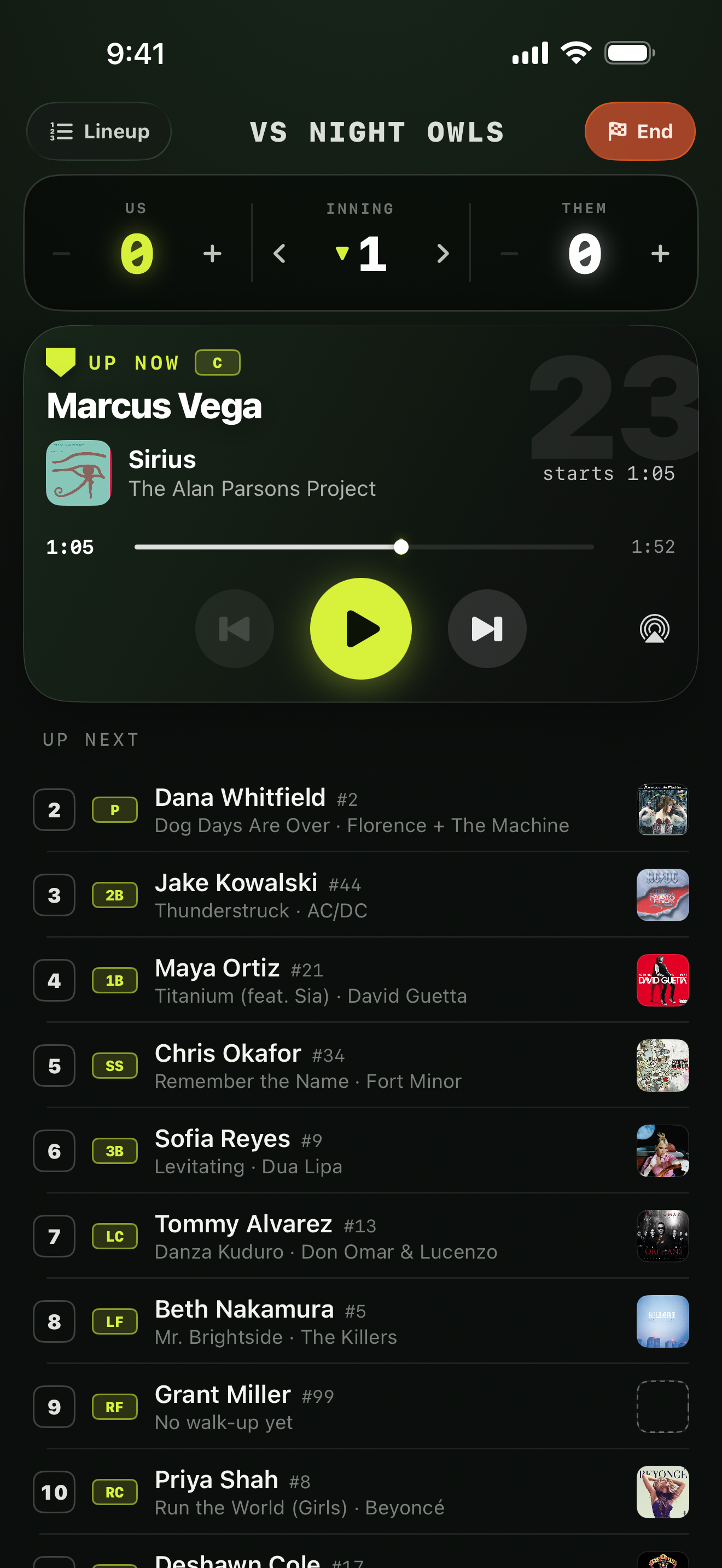 Walkups Game Time screen: the current batter up top with their walk-up song, and the rest of the batting order queued below