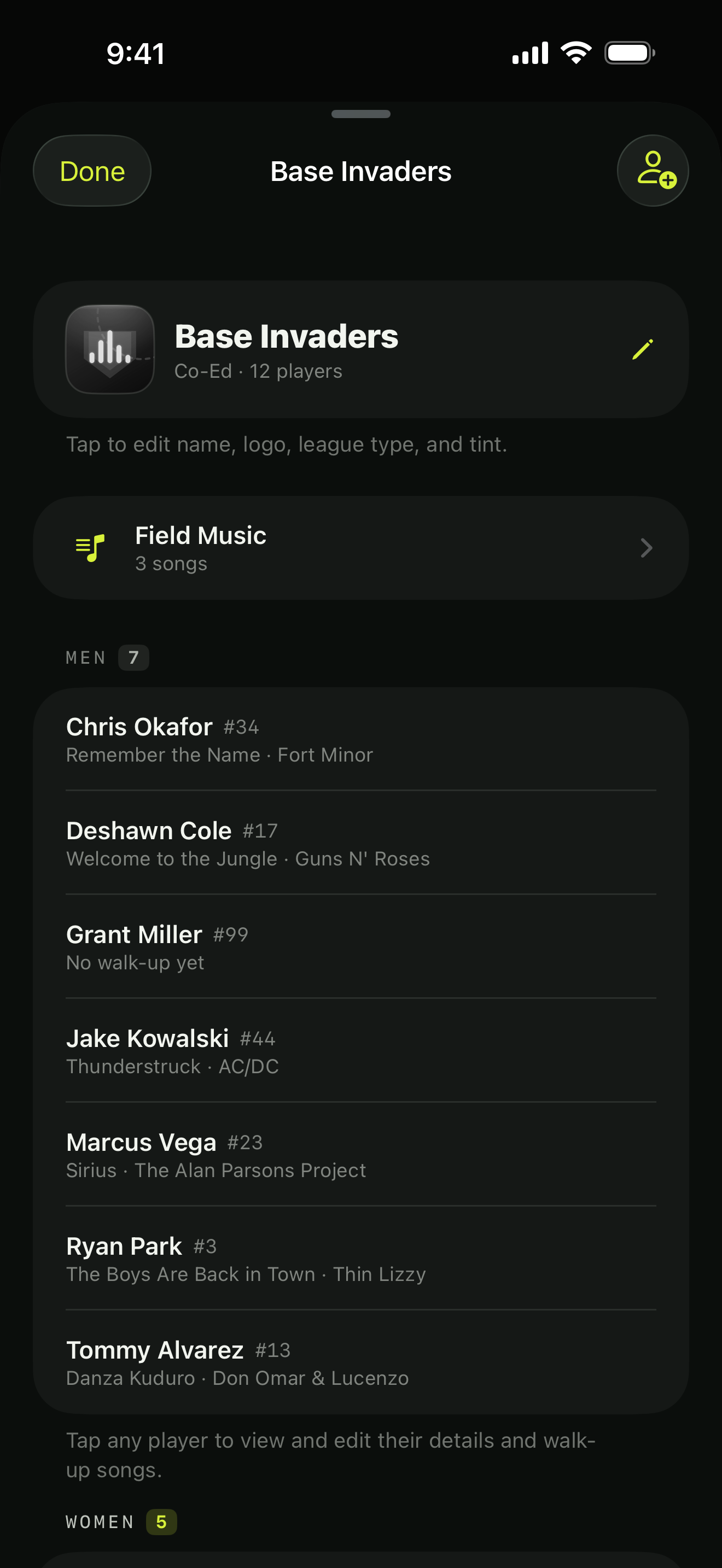 A team's roster with each player's active walk-up song